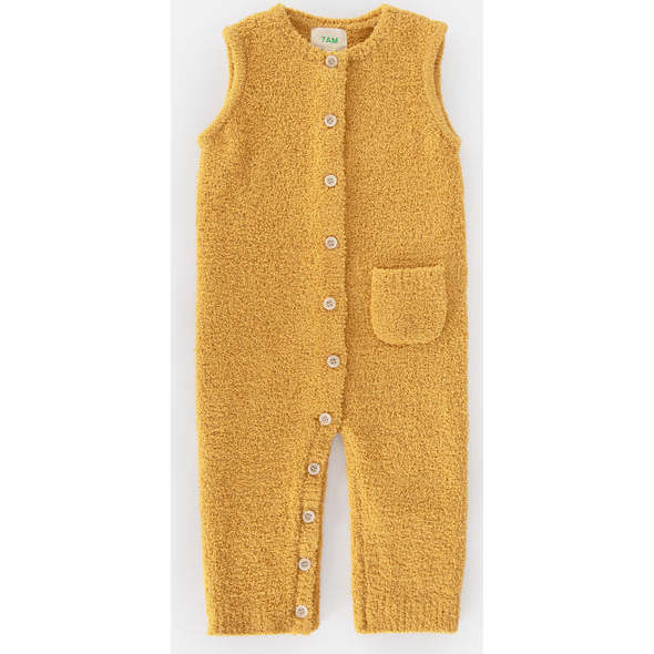 Fuzzy Sleeveless Buttoned Romper, Amber