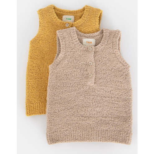 Fuzzy Ribbed Hem Sleeveless Henley Shirt, Amber - Shirts - 3