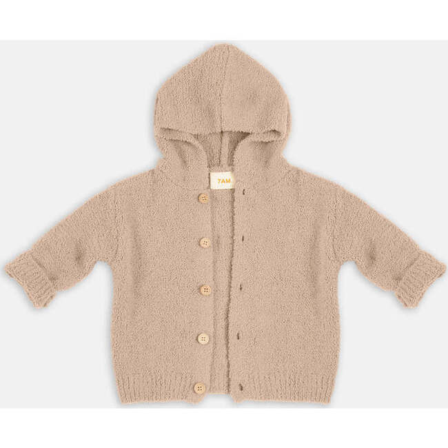 Fuzzy Ribbed Cuff Hooded Cardigan, Pecan