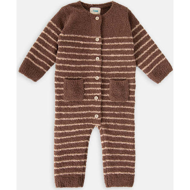 Fuzzy Long Sleeve Buttoned Striped Romper, Choco & Pecan