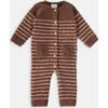 Fuzzy Long Sleeve Buttoned Striped Romper, Choco & Pecan - Bodysuits - 1 - thumbnail