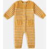 Fuzzy Long Sleeve Buttoned Striped Romper, Amber & Ecru - Bodysuits - 1 - thumbnail