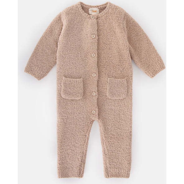 Fuzzy Long Sleeve Buttoned Romper, Pecan - Bodysuits - 1
