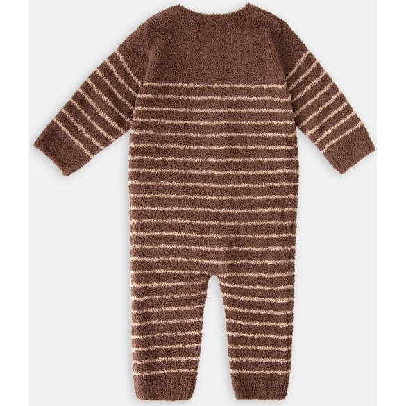 Fuzzy Long Sleeve Buttoned Striped Romper, Choco & Pecan - Bodysuits - 3