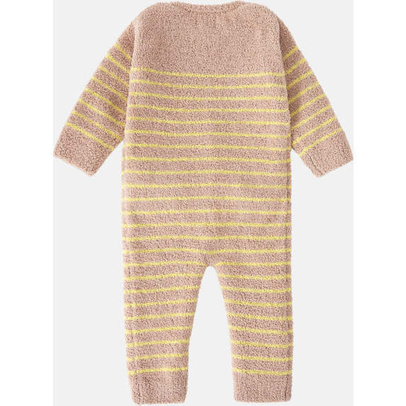 Fuzzy Long Sleeve Buttoned Striped Romper, Pecan & Chartreuse - Bodysuits - 3