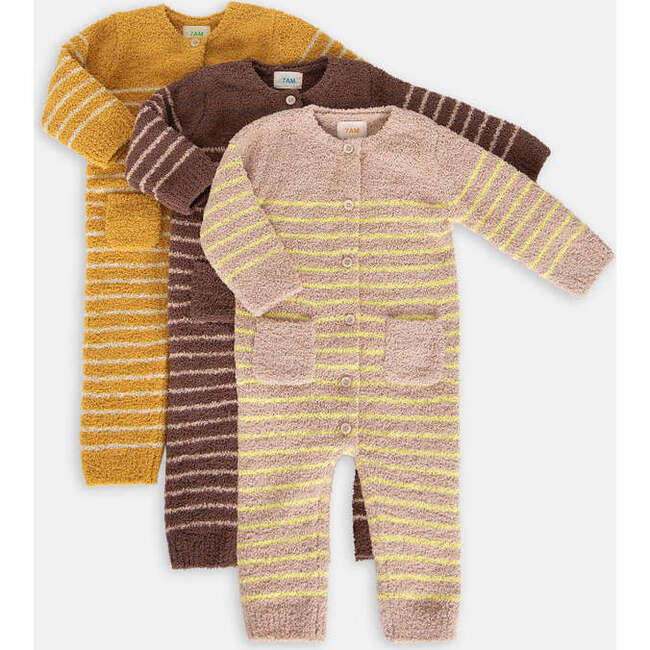 Fuzzy Long Sleeve Buttoned Striped Romper, Amber & Ecru - Bodysuits - 4