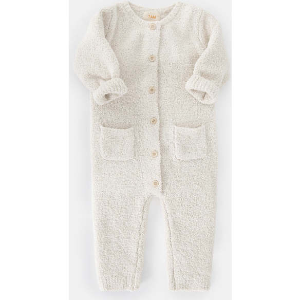 Fuzzy Long Sleeve Buttoned Romper, Ecru - Bodysuits - 3