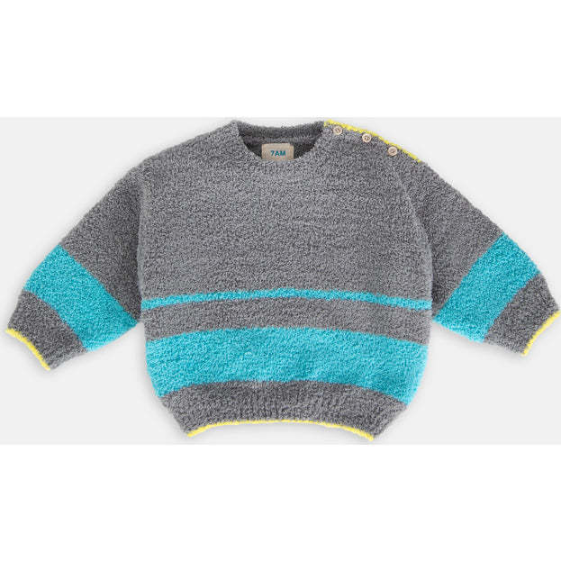 Boxy Striped Sweater, Gris & Bright Cyan