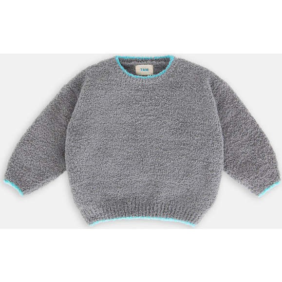 Boxy Piped Sweater, Gris & Bright Cyan