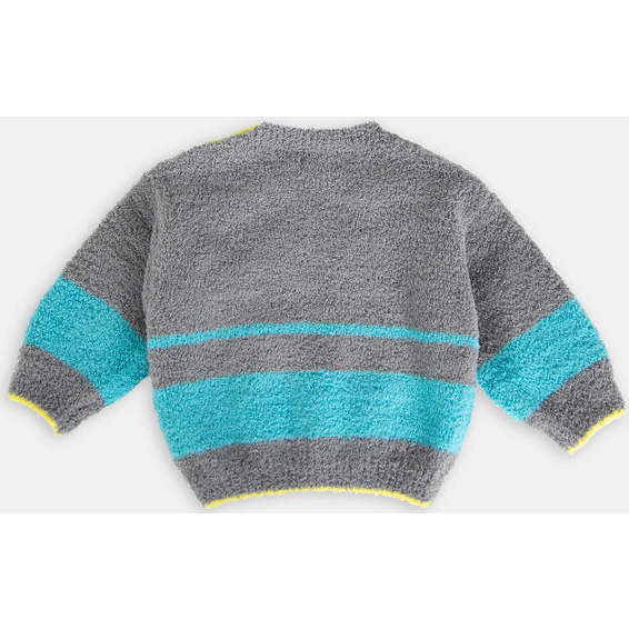 Boxy Striped Sweater, Gris & Bright Cyan - Sweaters - 3