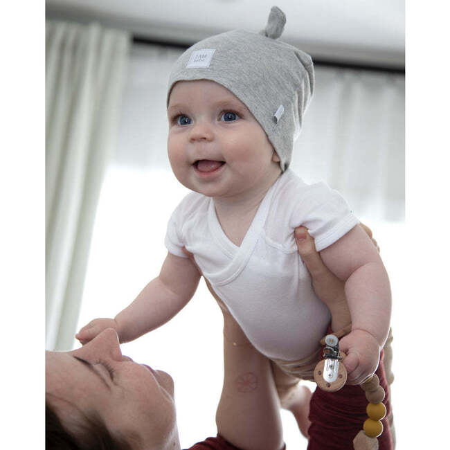 Cotton Top Knot Beanie, Light Grey & Dark Grey - Hats - 3