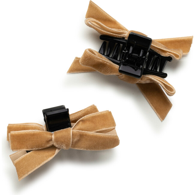 Laura Velvet Bow Mini Claw Clip Set, Mocha