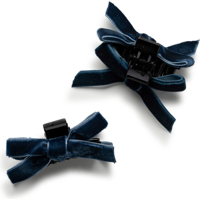 Laura Velvet Bow Mini Claw Clip Set, Navy