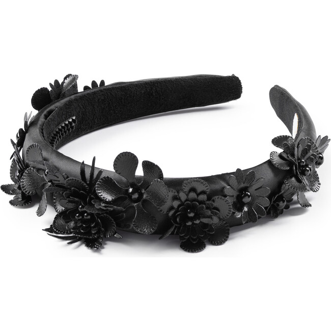 Dalia Pearl Flower Embellished Satin Headband, Black