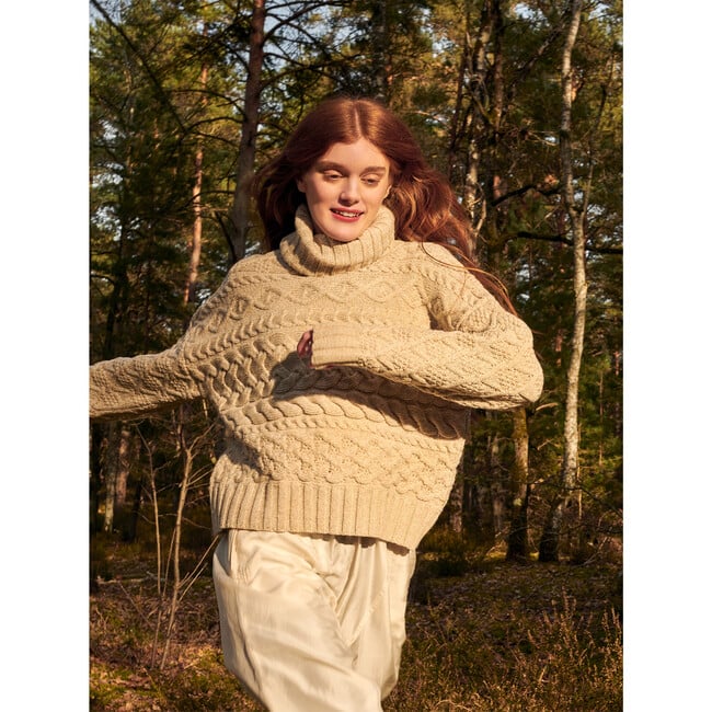 Women's Cable Sweater, Beige Marl - Sweaters - 2