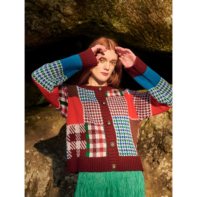 Women's Patchwork Cardigan, Burgundy Multi - Sweaters - 2