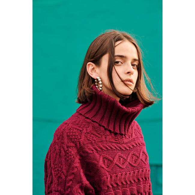 Women's Cable Sweater, Burgundy - Sweaters - 3