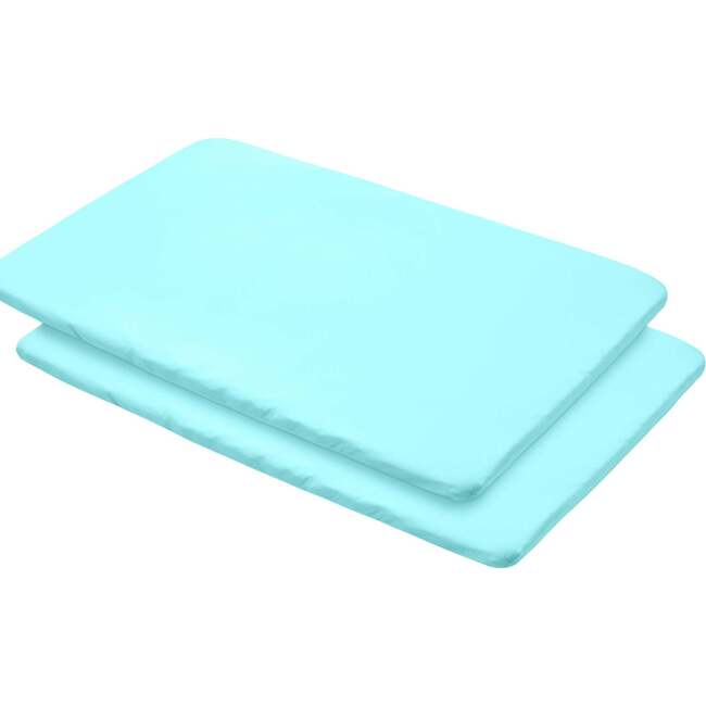 All-In-One Fitted Sheet & Waterproof Cover For 39" x 27" Play Yard Mattress, Blue Green Aqua (Pack Of 2)