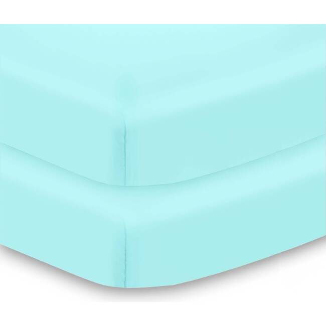 All-In-One Fitted Sheet & Waterproof Cover For 38" x 24" Mini Crib Mattress, Blue Green Aqua (Pack Of 2)