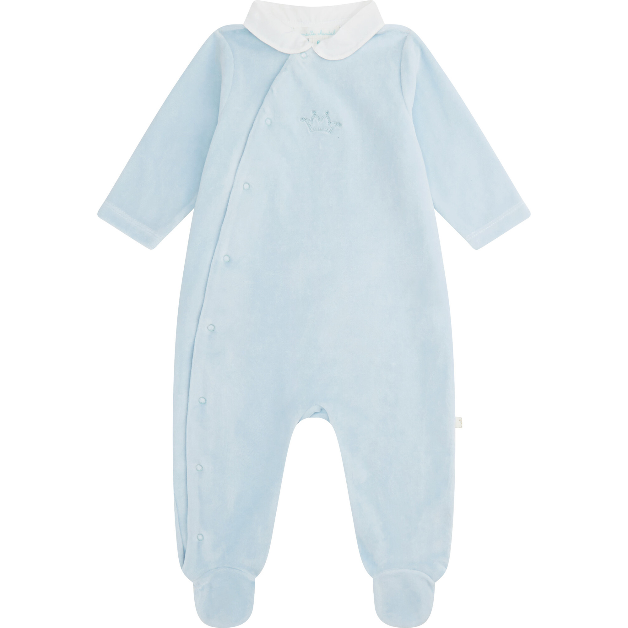 Crown Peter Pan Collar Velour Sleepsuit, Blue - Onesies - 1