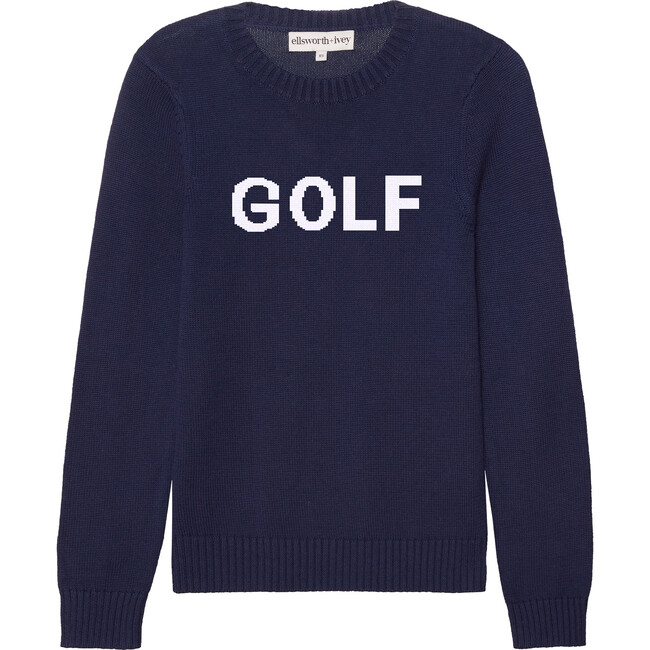 Women's Golf Ribbed Neck Long Sleeve Sweater, Navy & White