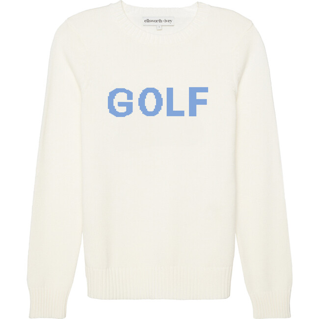 Women's Golf Ribbed Neck Long Sleeve Sweater, White & Blue