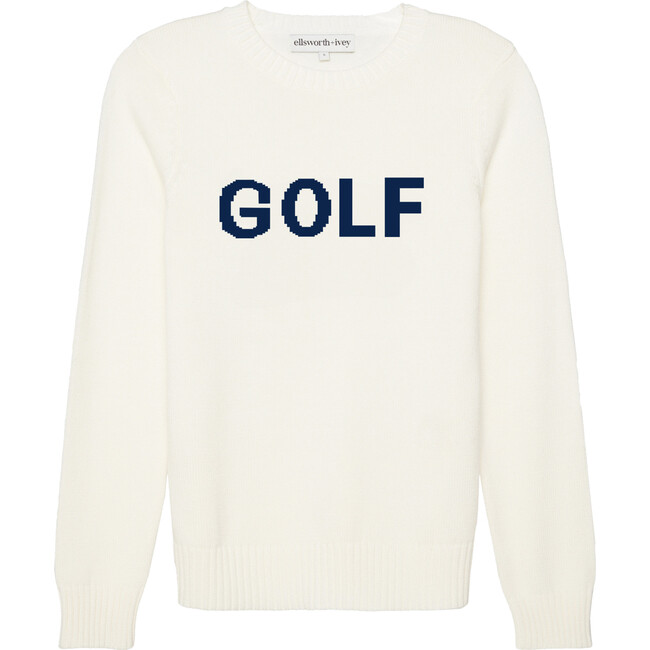 Women's Golf Ribbed Neck Long Sleeve Sweater, White & Navy