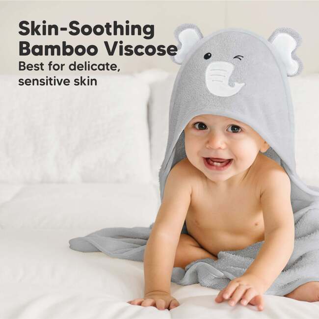 Cuddle Organic Baby Hooded Towel, Elephant - Bath Towels - 3