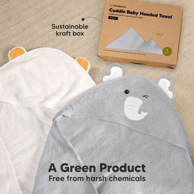 Cuddle Organic Baby Hooded Towel, Elephant - Bath Towels - 8