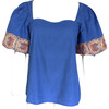 Women's Brynn Wave Neck Semi-Puff Sleeve Blouse, Cobalt & Tangerine - Blouses - 1 - thumbnail