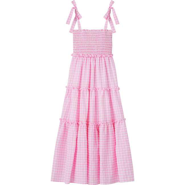 Gingham Smocked 3-Tiered Maxi Dress, Pink