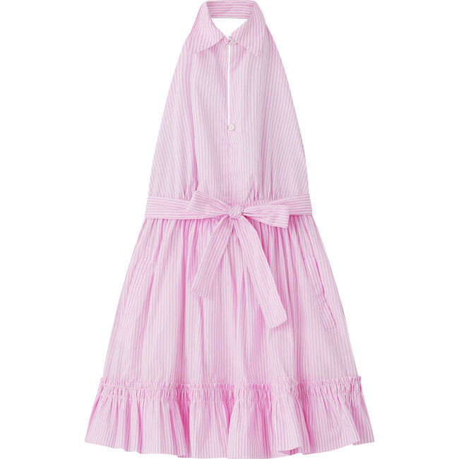 Striped Collared Halter Neck Buttoned Dress, Pink