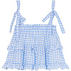 Gingham Tie-Up Shoulder Top, Blue - Shirts - 1 - thumbnail