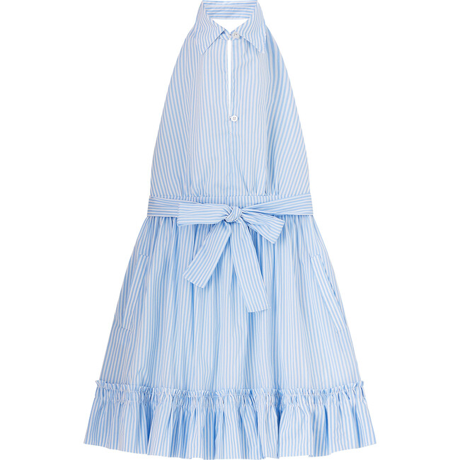 Striped Collared Halter Neck Buttoned Dress, Blue