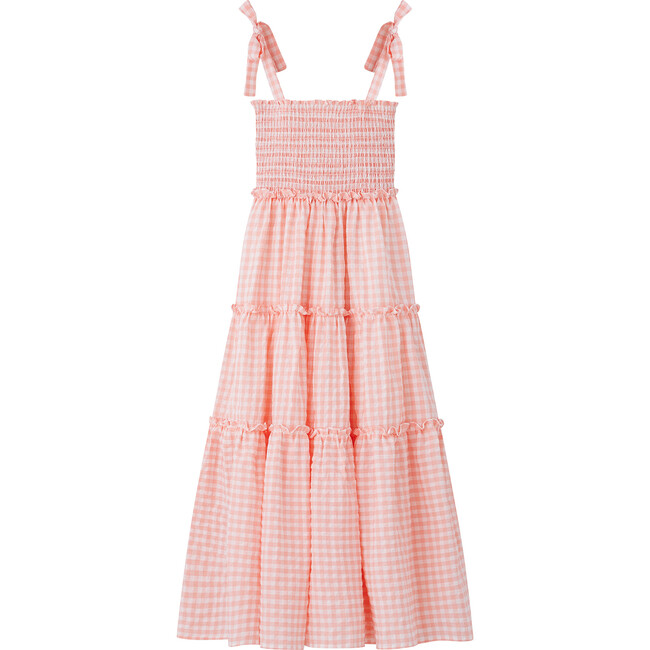 Gingham Smocked 3-Tiered Maxi Dress, Peach