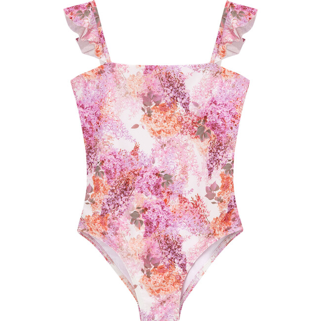 Hydrangea Floral Print Full Piece Swimsuit, Pink
