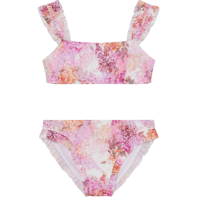 Hydrangea Floral Print Frilled Full Bikini, Pink