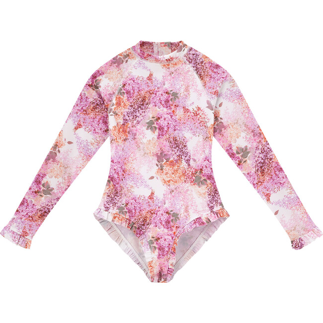 Hydrangea Floral Print Raglan Sleeve Rashie Swimsuit, Pink