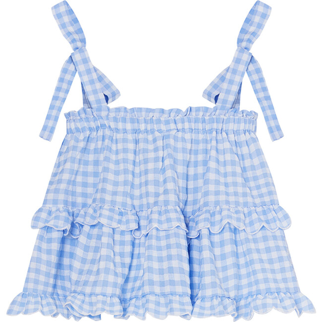 Gingham Tie-Up Shoulder Top, Blue - Shirts - 3