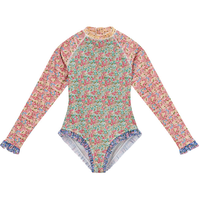 Ditsy Floral Print Raglan Sleeve Rashie Swimsuit, Multicolors