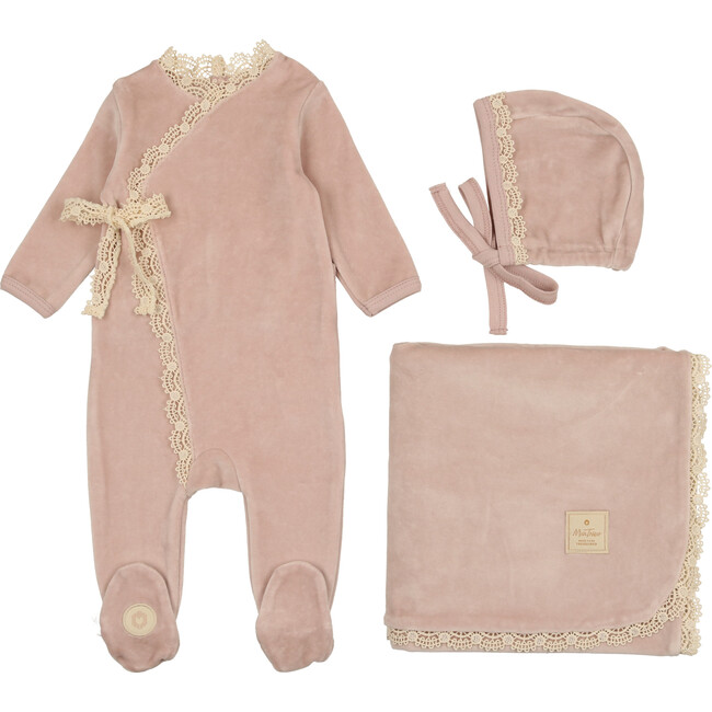 Tied Up in Lace Layette Set, Rose Smoke