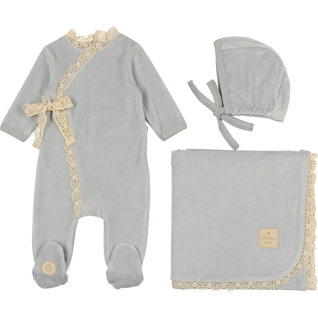Tied Up in Lace Layette Set, Blue Dawn