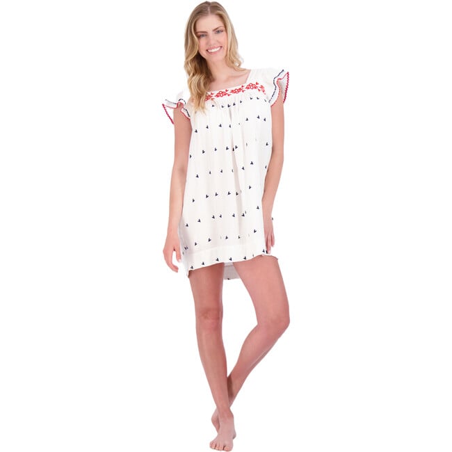 Women's Mini Sandrine Embroidered Dress, Red, White & Navy - Dresses - 2