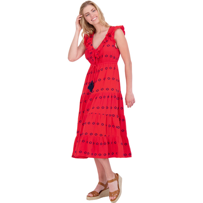 Women's Giselle Ruffle V-Neck Embroidered Maxi Dress, Red - Dresses - 3