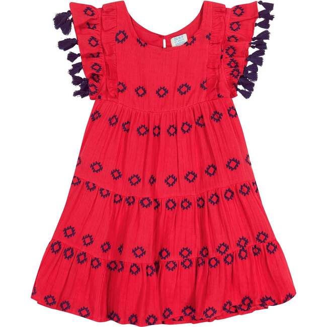 Sophie Tassel Scoop Neck Embroidered Dress, Red