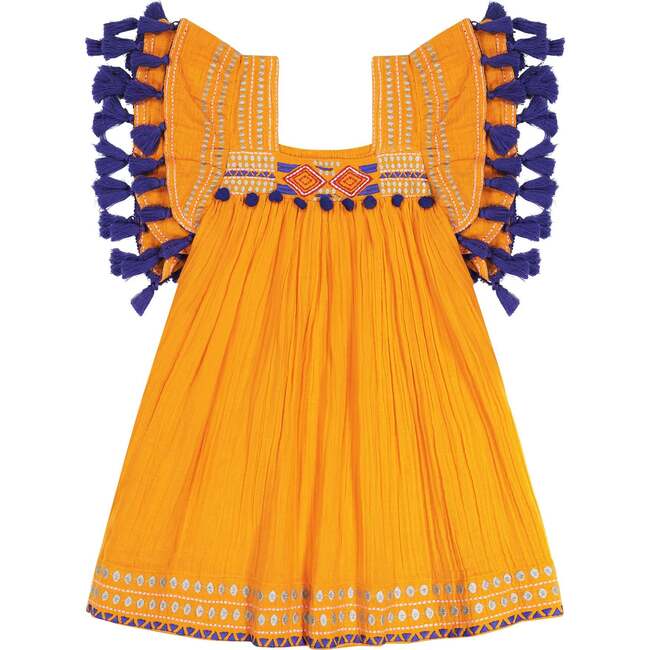 Serena Tassel Embroidered Double Flutter Sleeve Dress, Marigold