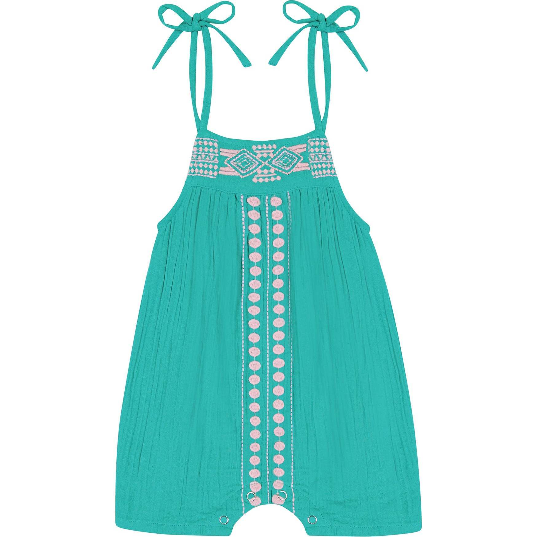 Baby Marley Shoulder-Tie Embroidered Romper, Ocean - Rompers - 1