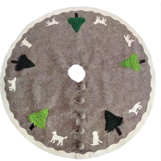 Cream Dogs and Green Trees Christmas Tree Skirt on Gray in Hand Felted Wool, 72"
