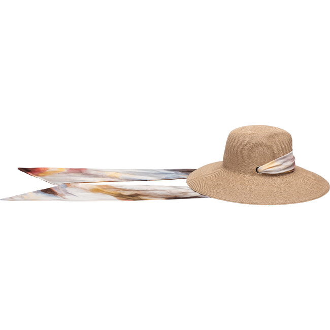 Women's Cassidy Satin Pull-Through Scarf Wide-Brim Fedora, Sand & Yellow Watercolor-Print