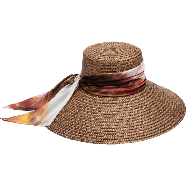 Women's Mirabel Satin Ruched Band Tail Wide-Brim Sunhat, Bronze & Yellow Watercolor-Print